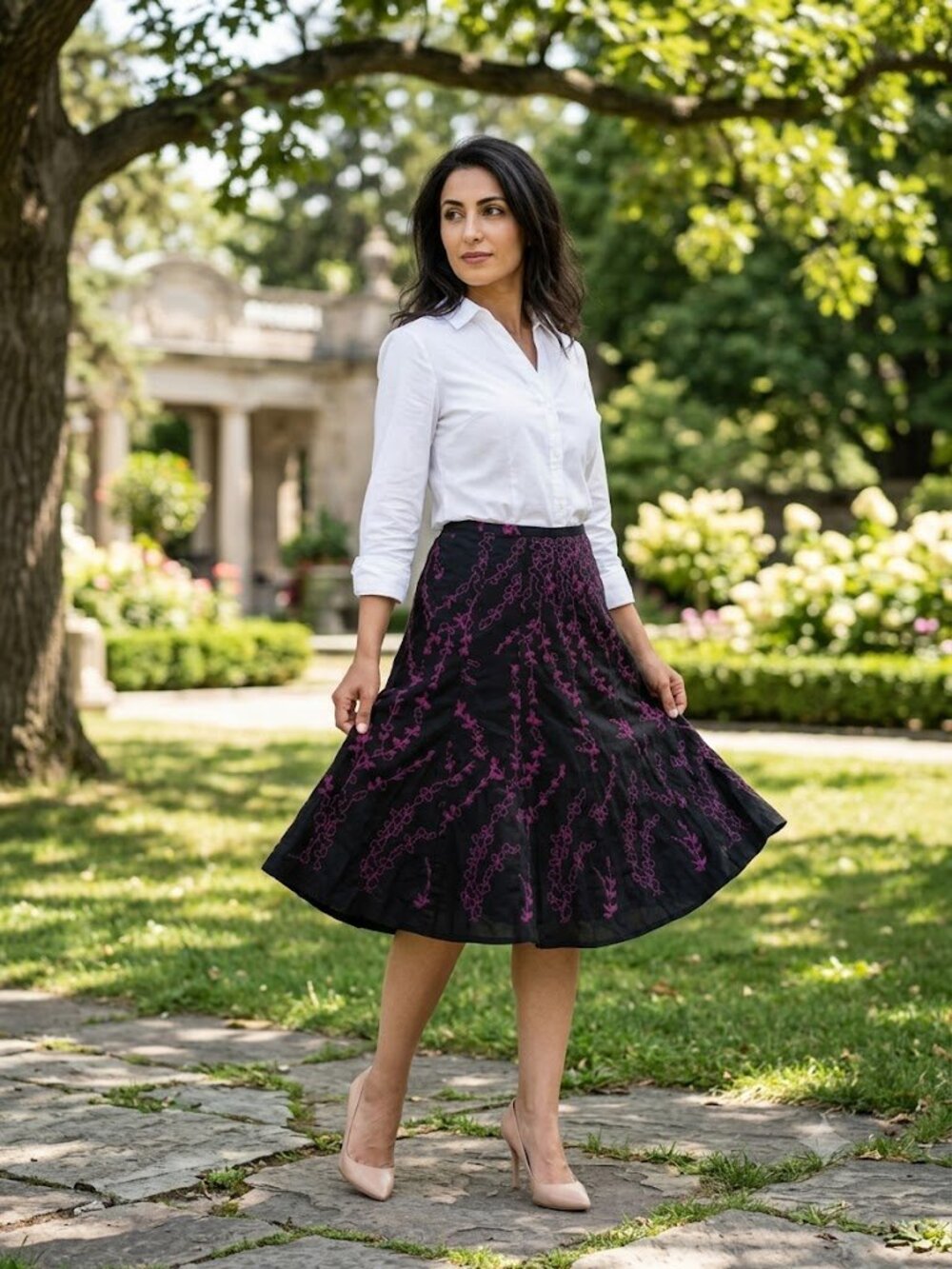 RW&CO. Black Cotton Purple Embroidered A-Line Midi Skirt Size 6
